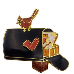 Vintage Fish Enterprises Cloisonne Cardinal Bird on Mailbox Brooch Red Pin Crown